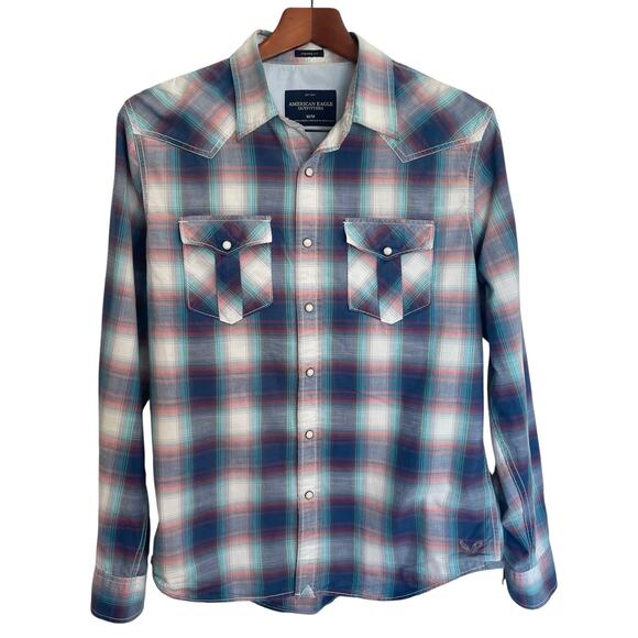 American Eagle Vintage Fit Blue Plaid Button Up Shirt Men MED Pearl Snap Western - Picture 1 of 9